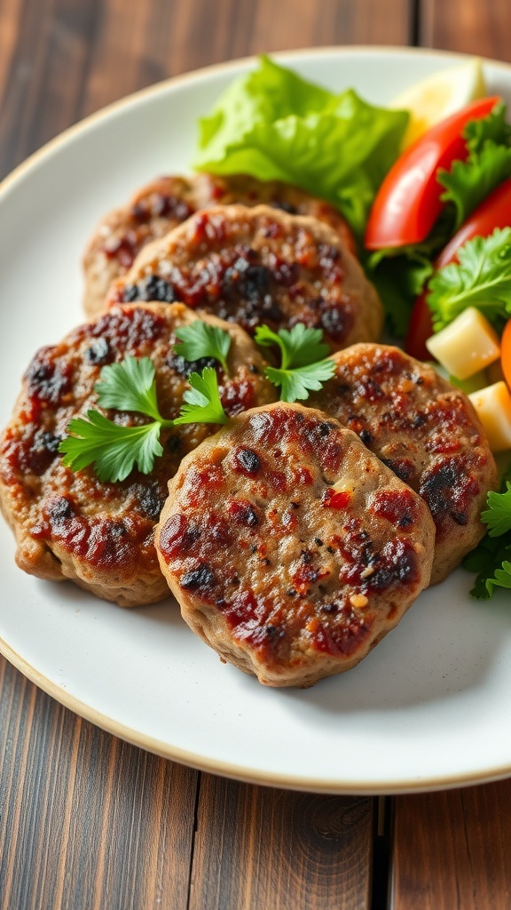 Juicy homemade beef patties garnished with parsley on a rustic plate with a salad.